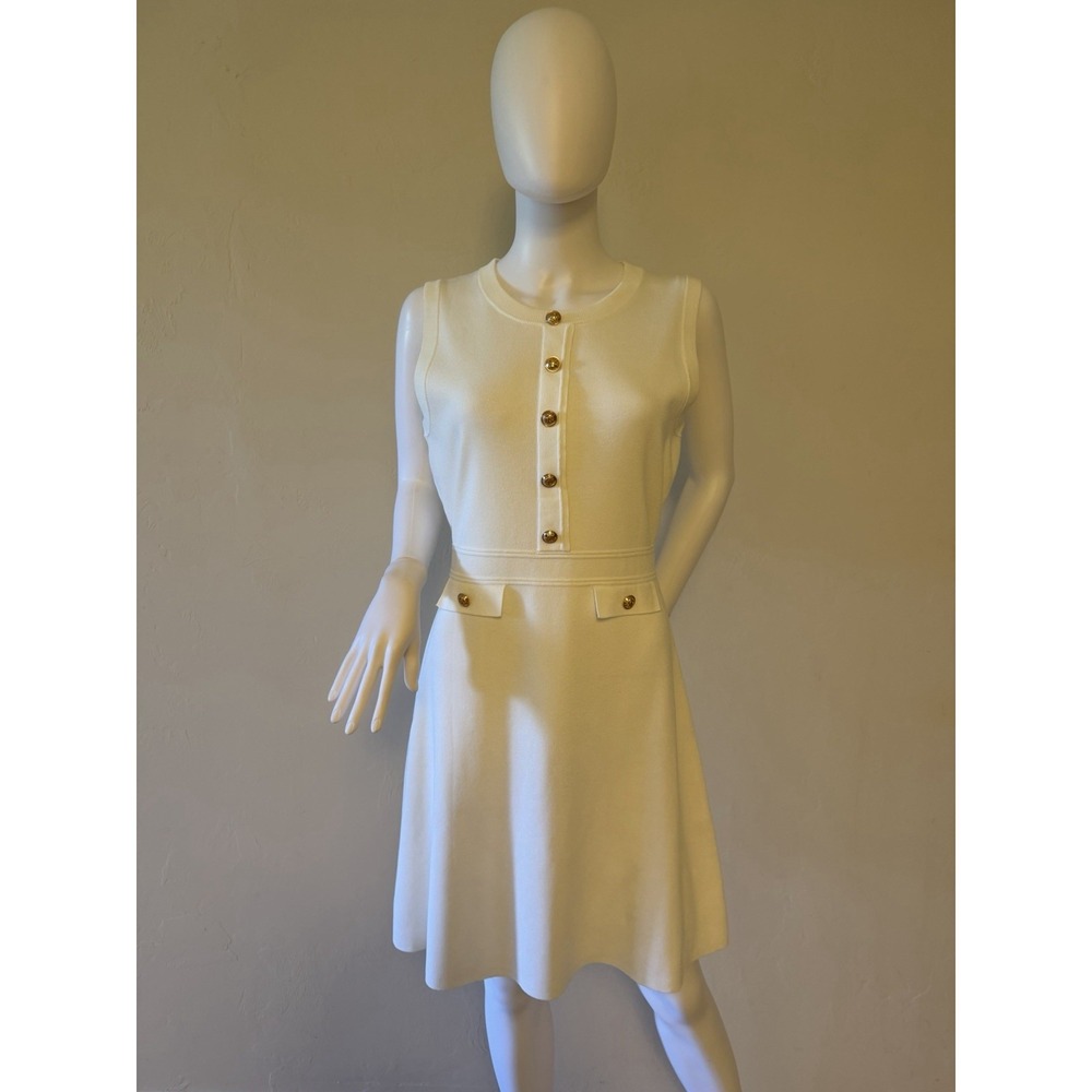 MEROKEETY Women's White Knit Sleeveless Sweater Dress With Golden Buttons Size S - Picture 2 of 16